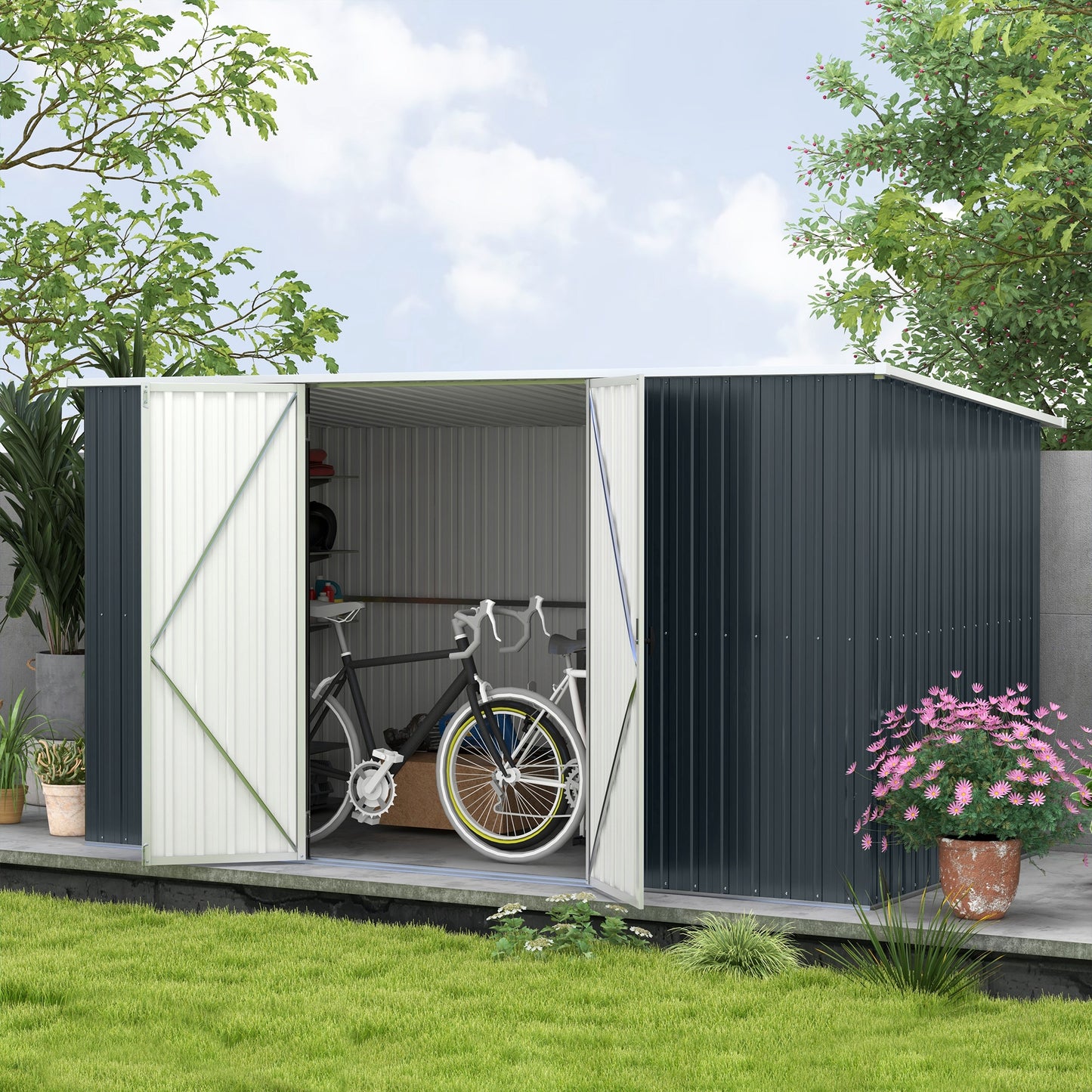 11 x 5.6ft Galvanised Steel Garden Shed, Metal Shed, Garden Storage Shed with Lockable Doors and Gloves for Outdoor Patio