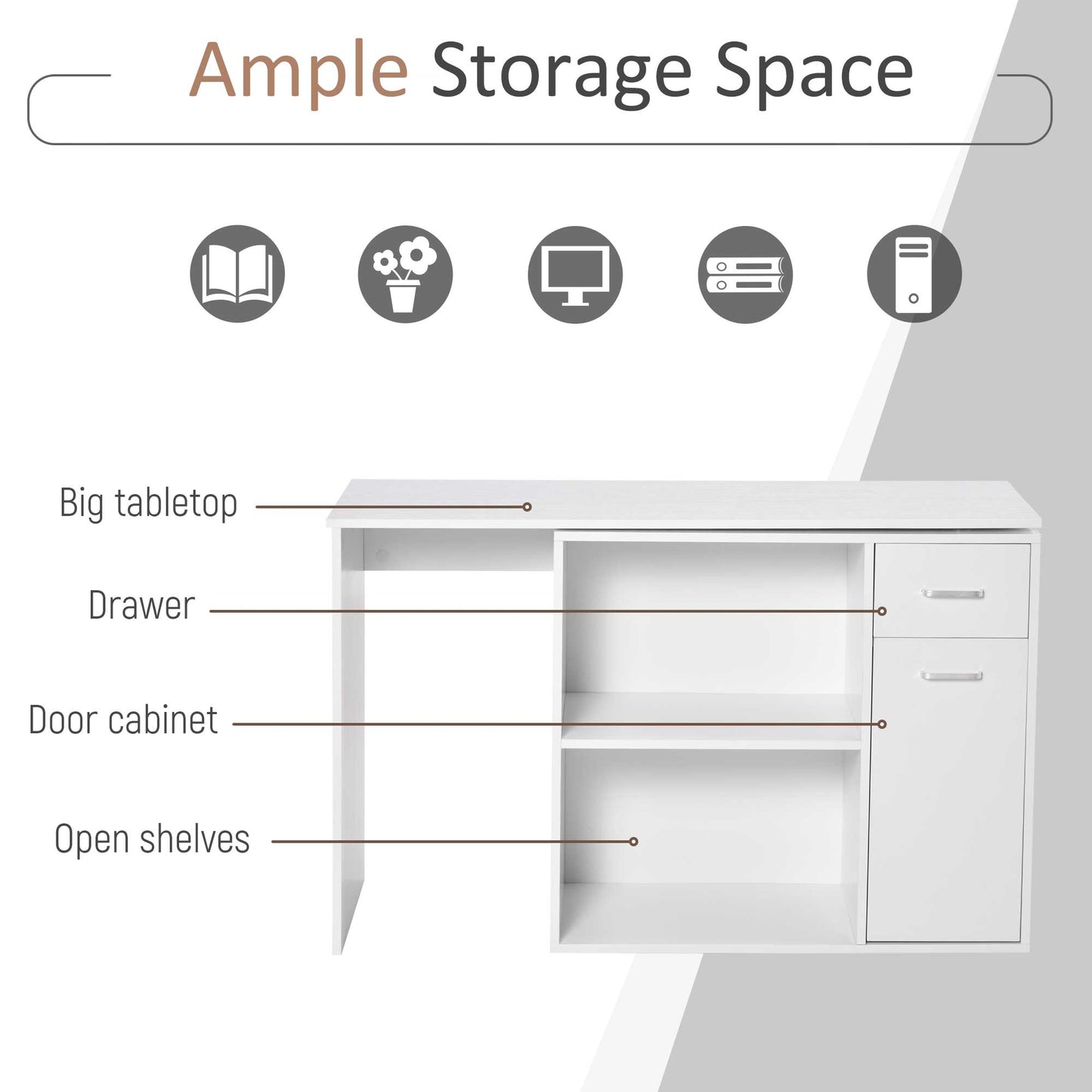 L-Shaped Desk, Corner Computer Desk, Adjustable Study Table with Storage Shelf, Drawer and Cabinet