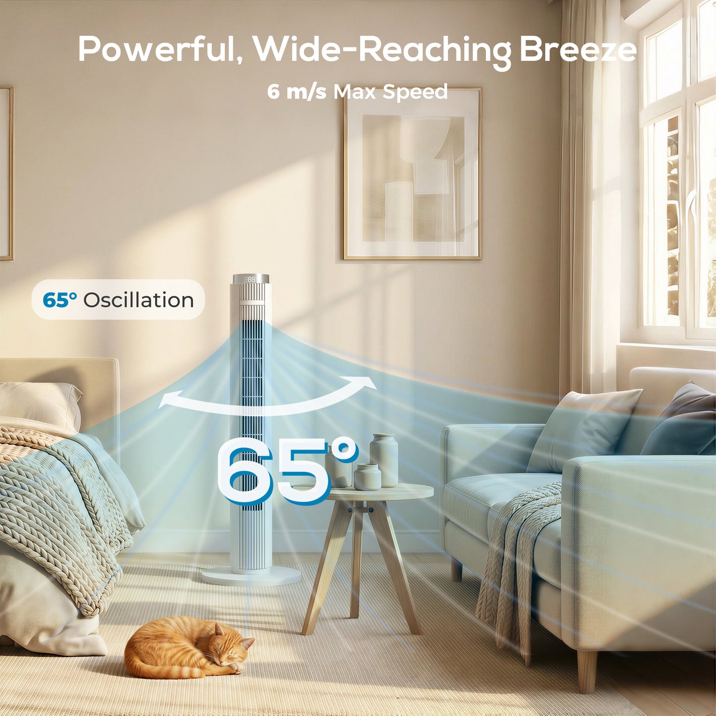 96 cm Tower Fan with WiFi App Control, Standing Floor Fan with 3 Speed 4 Modes, 12 Hour Timer and Night Light White