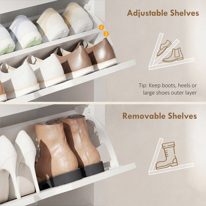 Slim Shoe Cabinet, Narrow Shoe Cupboard with 3 Flip Drawers, Adjustable Shelves for 18 Pairs of Shoes for Hallway, White