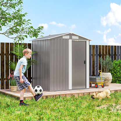 Garden Metal Tool Storage Shed with Sliding Door, Sloped Roof and Foundation Kit, 152 x 132 x 188cm, Grey