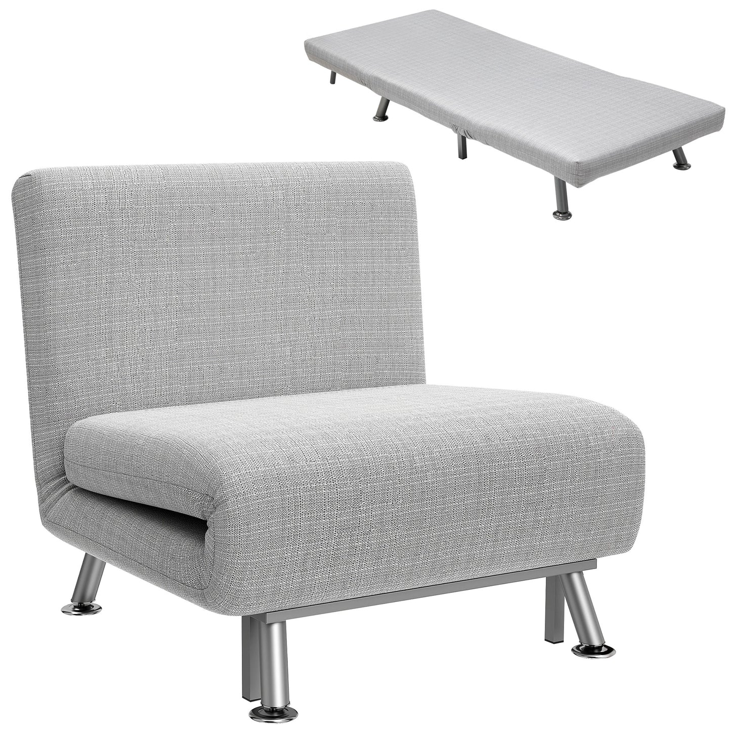 Single Sofa Bed, 1 Person Sleeper Foldable Lounge with Pillow, Light Grey