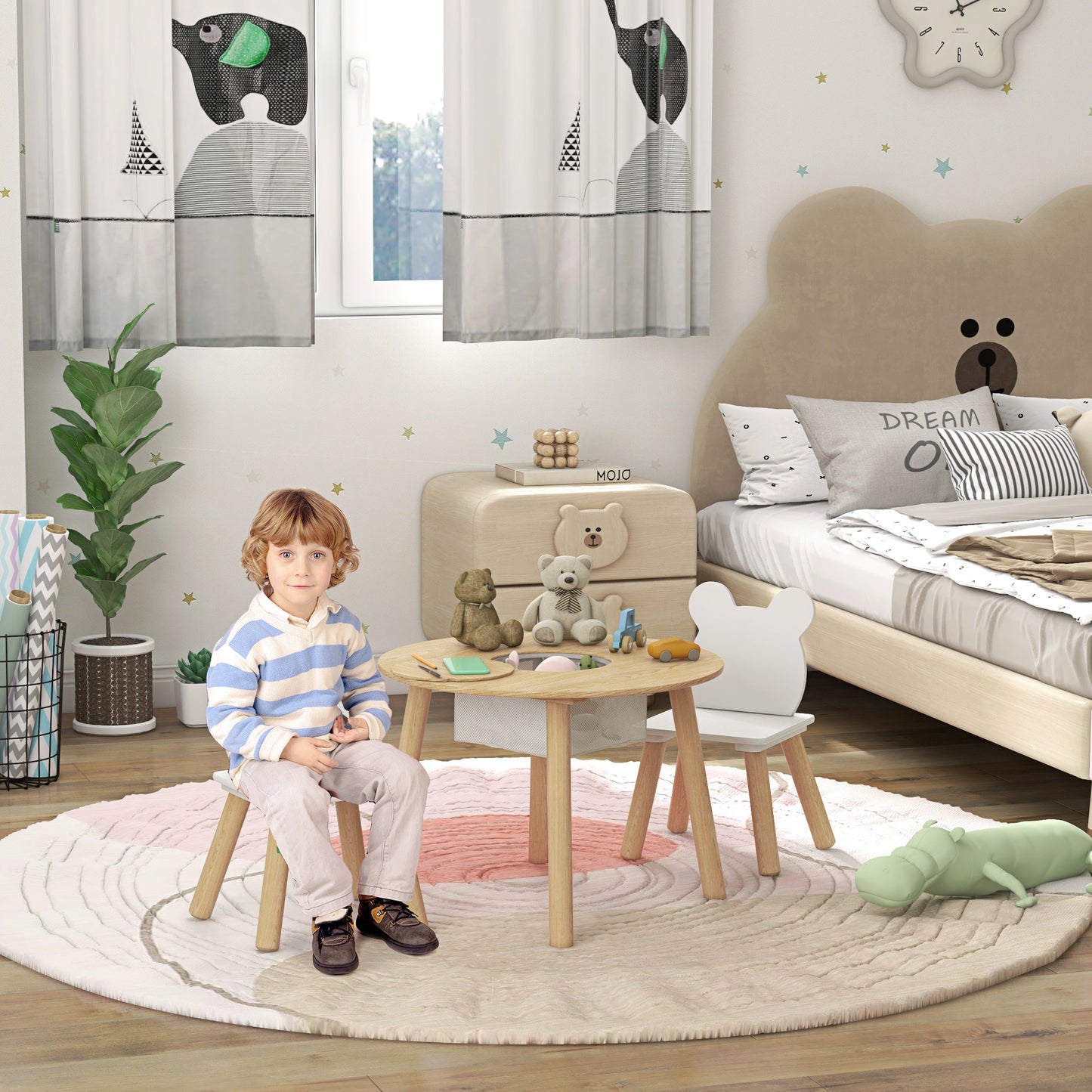 3-Piece Kids Activity Table Set with Centre Mesh Bag, Bear-Shaped Backrest, for Arts and Crafts, Reading, Dining