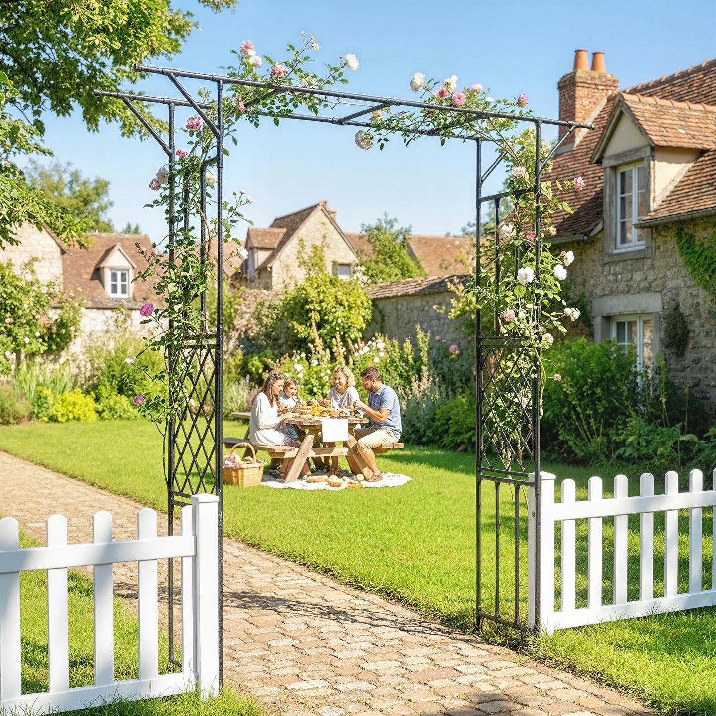 Garden Arch, PE-Coated Steel Arbour Trellis for Climbing Plants, Rose Arch, 180 x 40 x 215 cm, Black