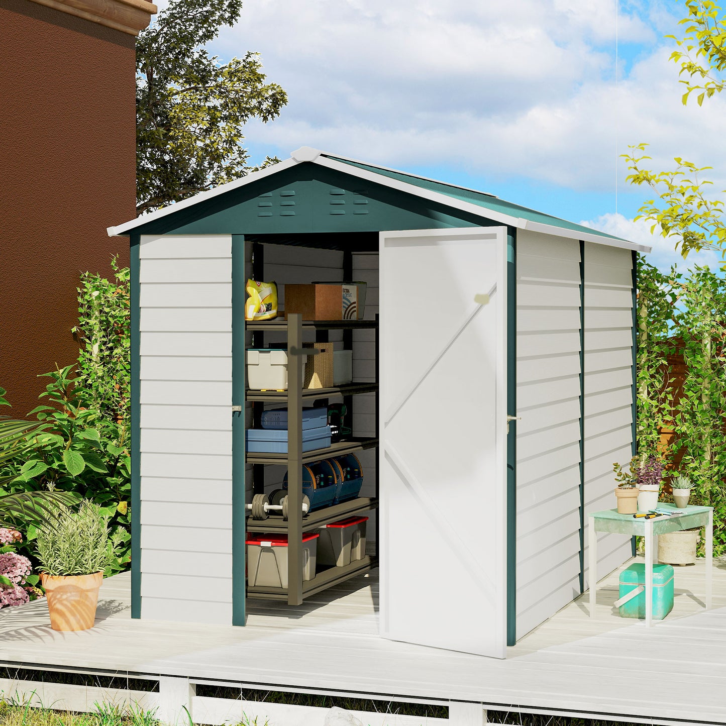 9x 6FT Metal Outdoor Garden Shed, Galvanised Tool Storage Shed w/ Sloped Roof, Lockable Door for Patio Lawn, Green