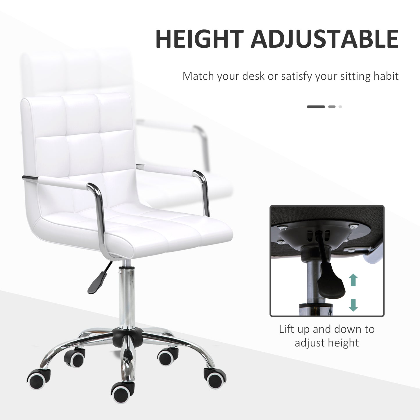 Makeup Vanity Chair, PU Leather Mid Back Office Chair with Adjustable Height, Armrest and Rolling Wheels, White