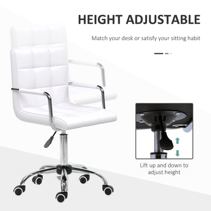 Makeup Vanity Chair, PU Leather Mid Back Office Chair with Adjustable Height, Armrest and Rolling Wheels, White