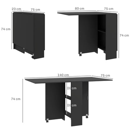 Foldable Dining Table, Extendable Drop Leaf Table with 2-tier Shelves, Small Dinner Table with Rolling Casters