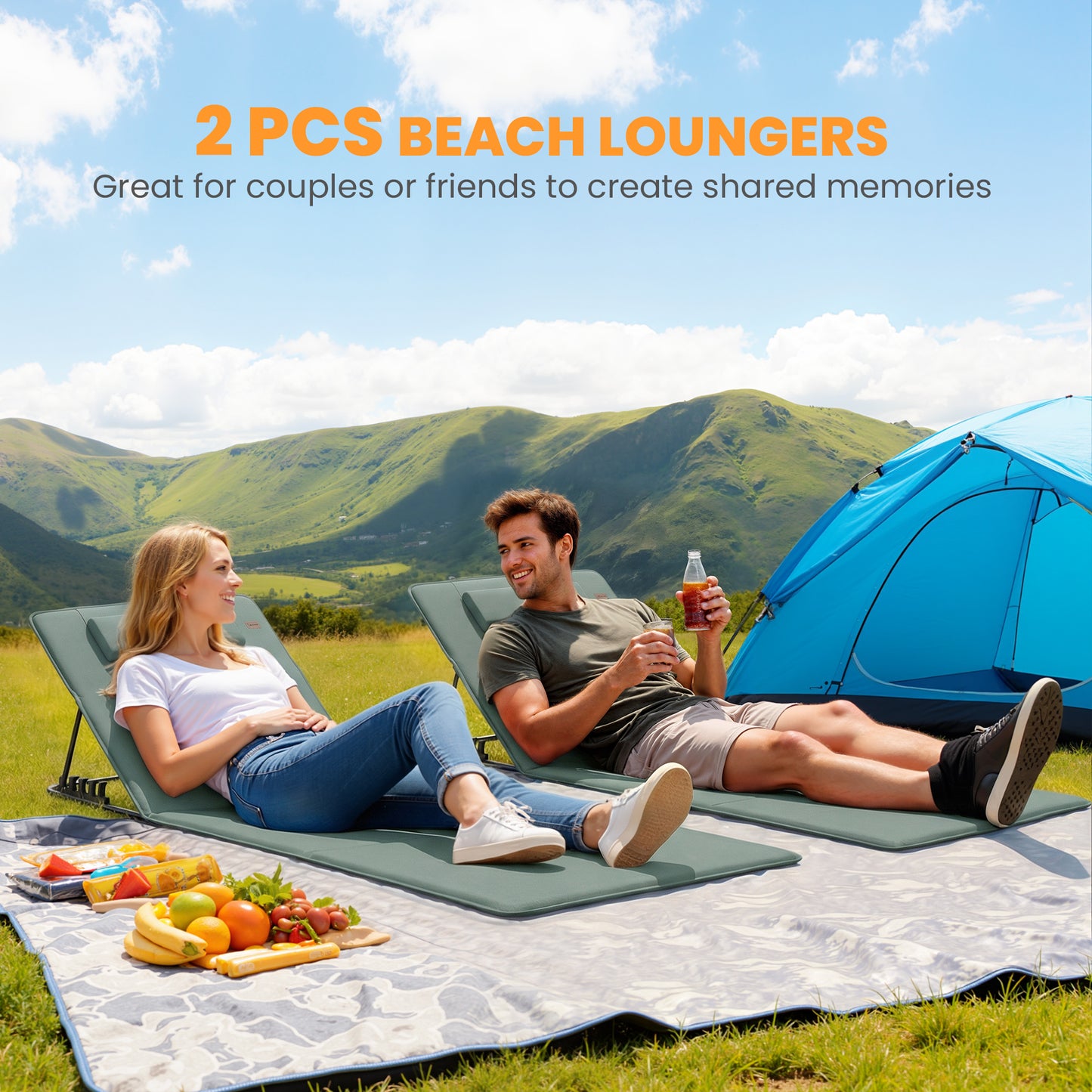 Foldable Sun Loungers Set of 2, Portable Folding Beach Lounger with 4-level Adjustable Backrest, Grey