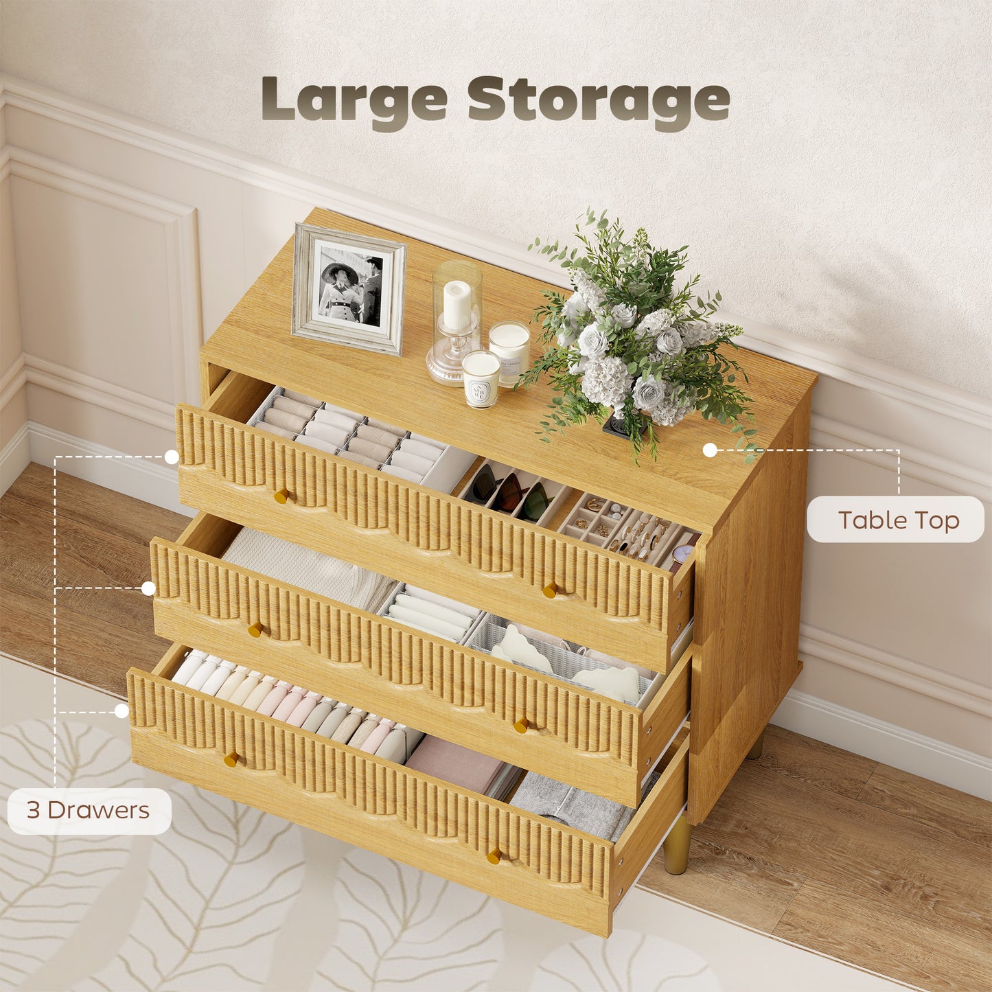 Dresser for Bedroom 3 Drawer Chest of Drawers with Steel Frame for Living Room in Oak