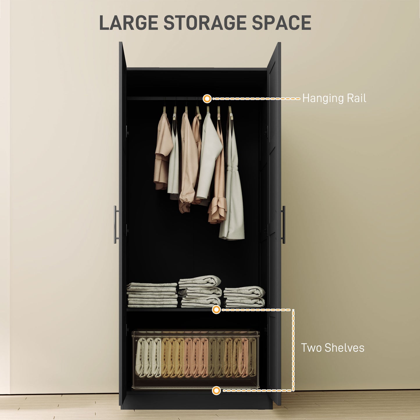 Double Panel Door Wardrobe, with Shelves - Black