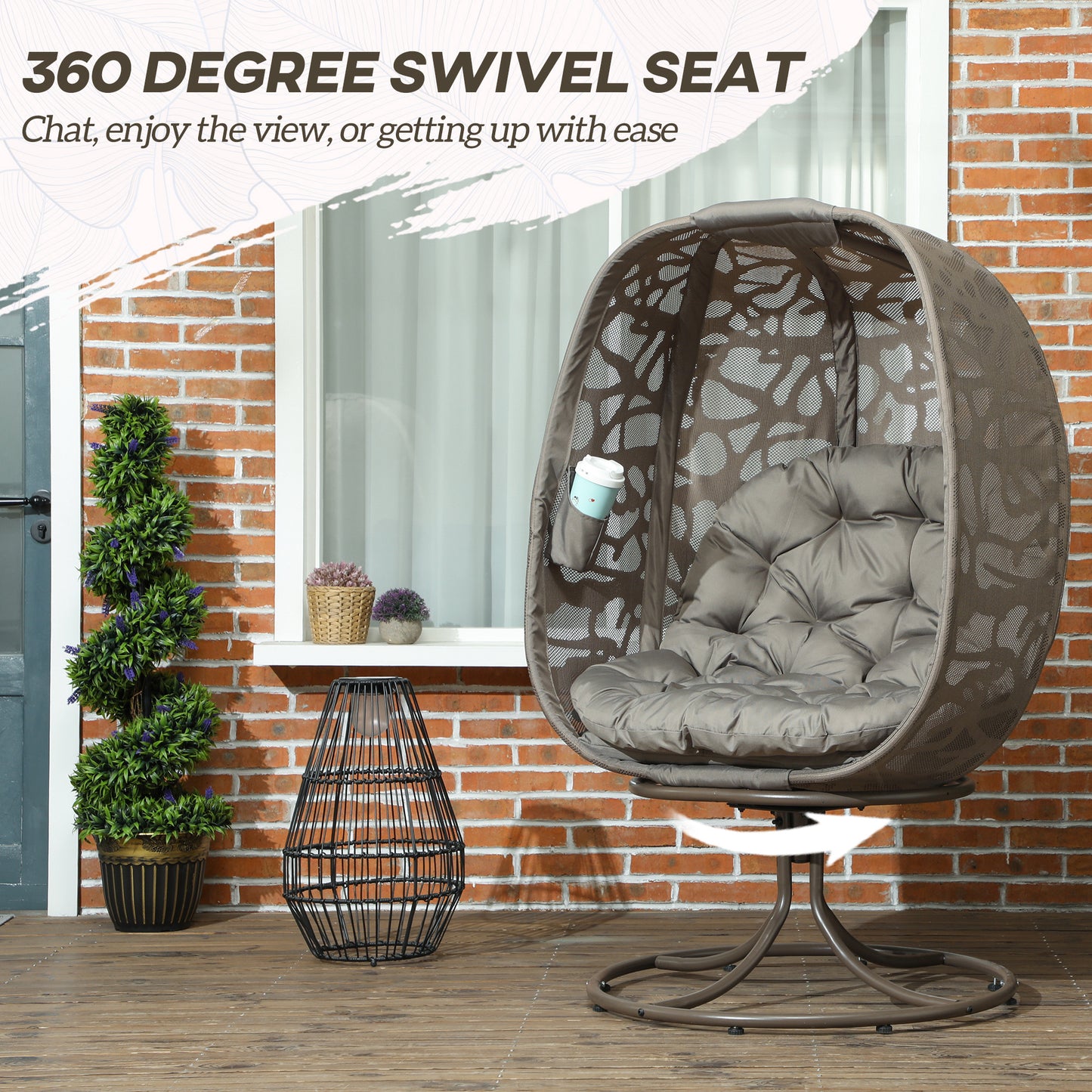 Swivel Egg Chair with Cushions, Foldable Basket Seat and Metal Frame, Indoor Outdoor Lounge Chair for Balcony, Poolside