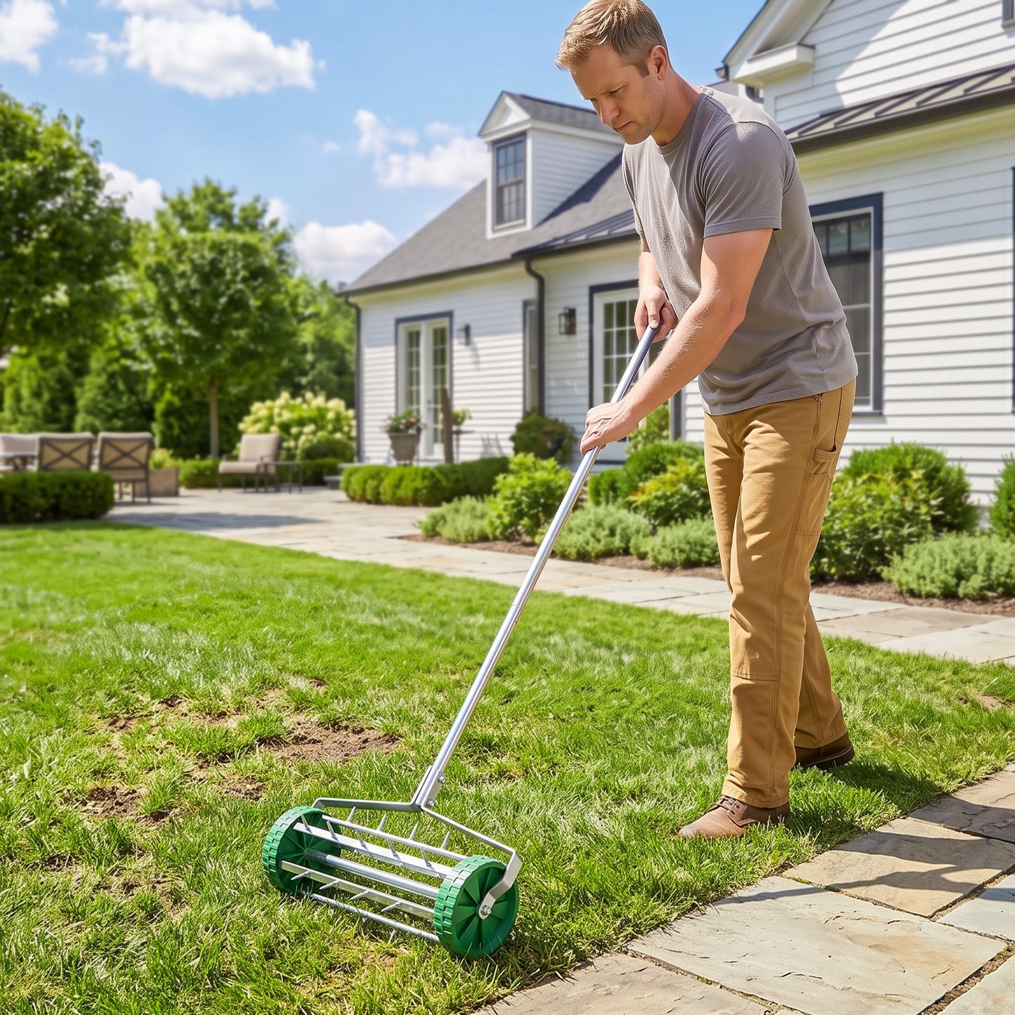Garden Rolling Lawn Aerator Heavy Duty Steel Grass Roller w/ Adjustable Handle