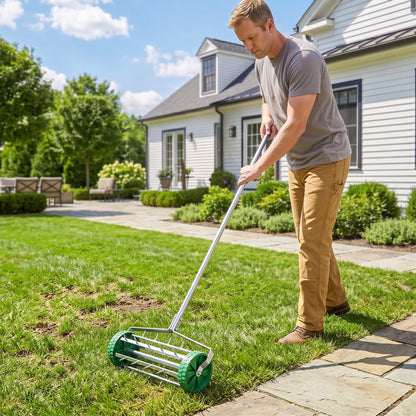Garden Rolling Lawn Aerator Heavy Duty Steel Grass Roller w/ Adjustable Handle