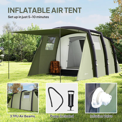 Inflatable 3-4 Man Tunnel Tent w/ Air Pump, Living Area & Vestibule, Waterproof Family Camping Air Tent, Sewn In Groundsheet