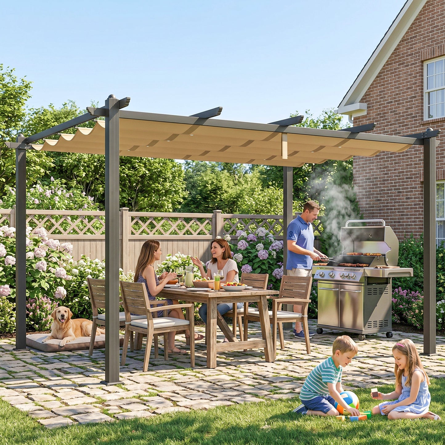 3 x 4m Aluminium Pergola, with Retractable Roof - Khaki