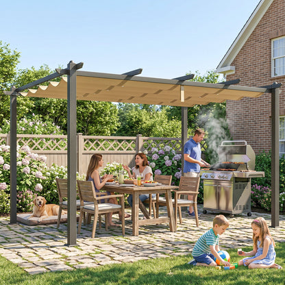 3 x 4m Aluminium Pergola, with Retractable Roof - Khaki