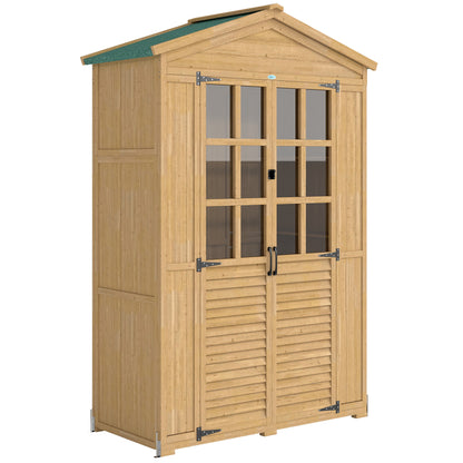 Outdoor Wooden Storage Cabinet, Garden Tool Shed with Acrylic Windows for Patio, Light Brown