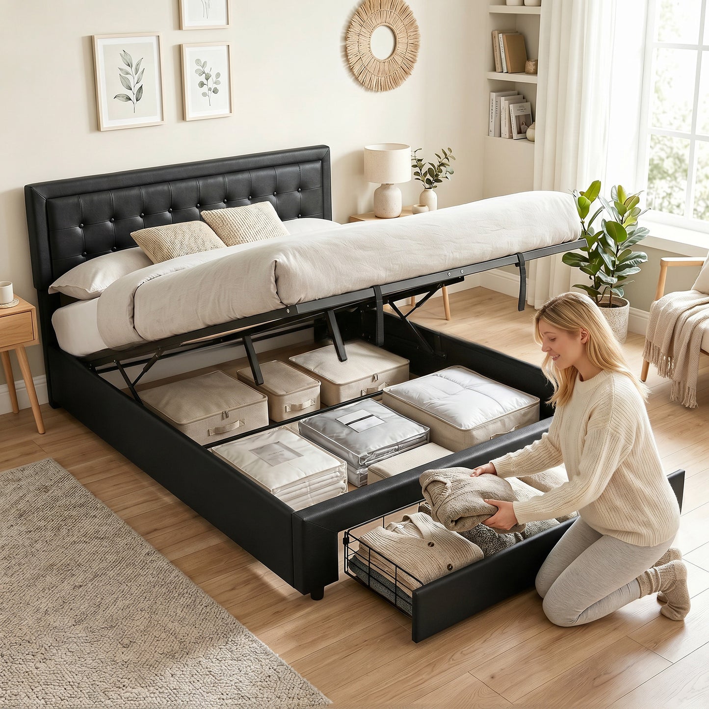 PU Leather King Size Ottoman Bed Frame, with Front Drawer - Black