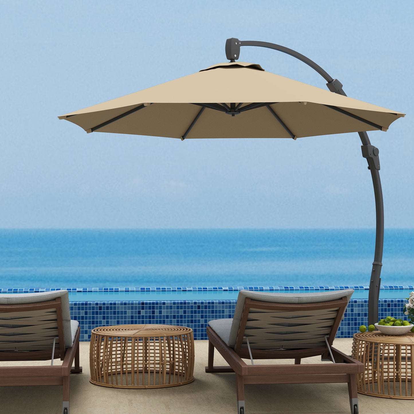 3(m) Garden Cantilever Parasol, Round Overhanging Umbrella with Crank Handle, Cross Base, Aluminium Frame and 360° Rotation