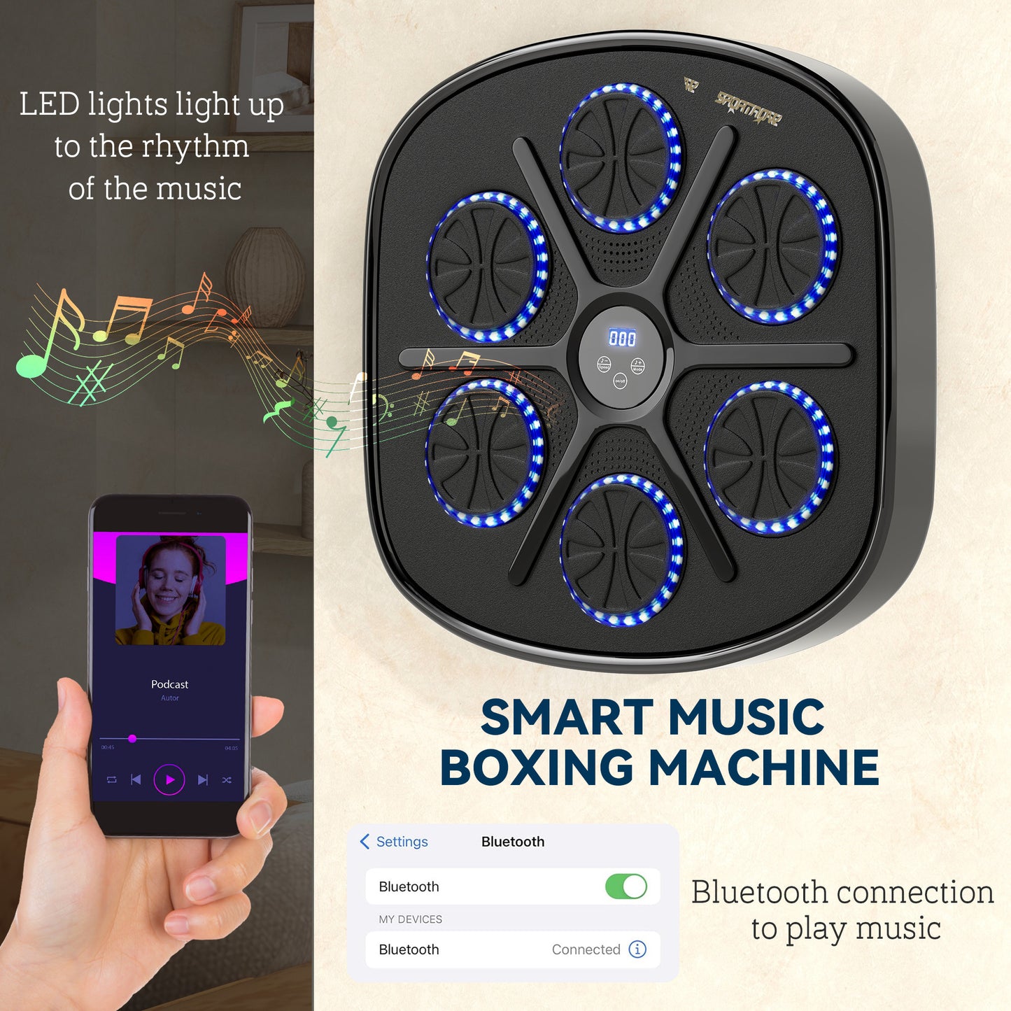 Music Boxing Machine, Smart Bluetooth Boxing Machine Wall Mounted with 9 Speeds & Modes, LED Lights and Gloves