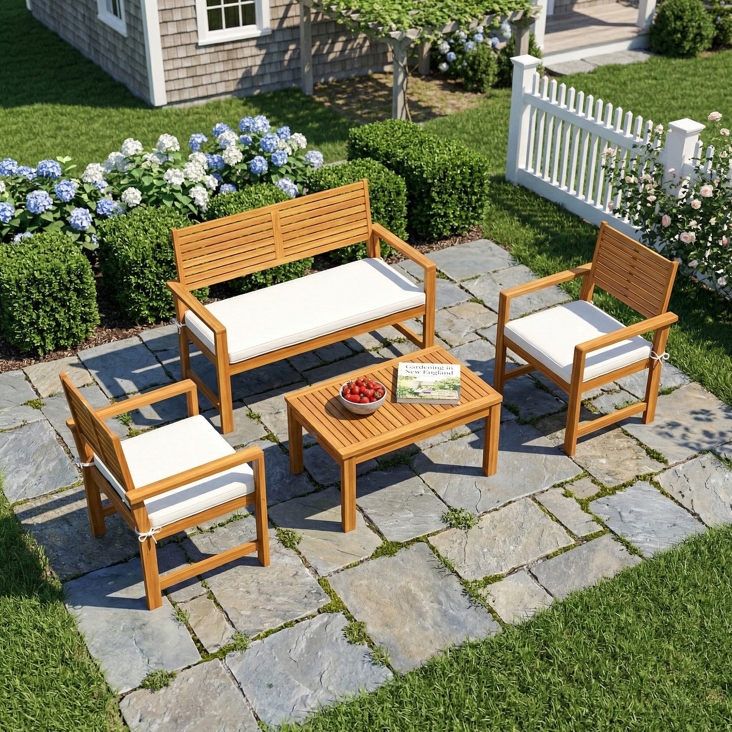 4 Seater Wooden Garden Furniture Set with Loveseat, Armchairs, Table, Acacia Wood Garden Sofa Set, Cream White