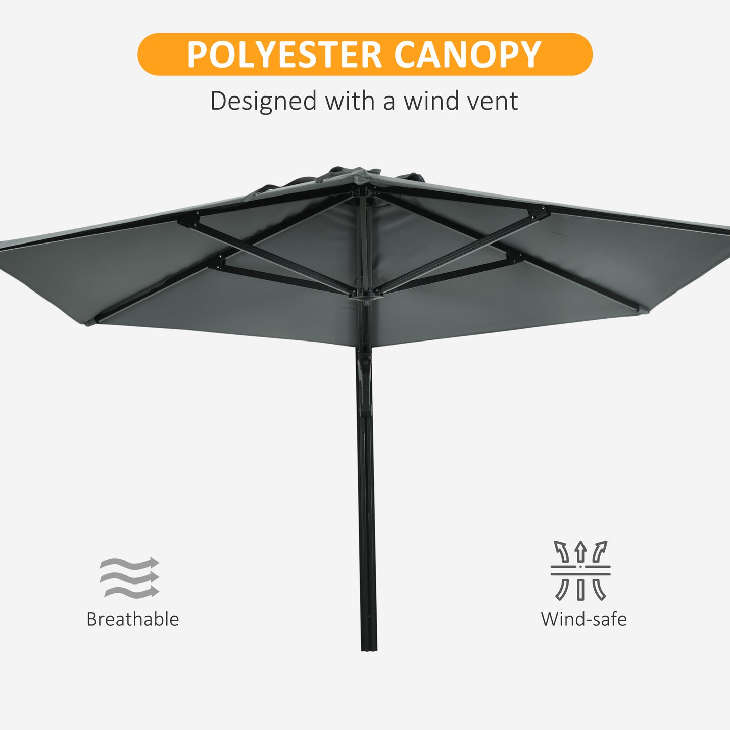 2.5m Wall Mounted Parasol, Hand to Push Outdoor Patio Umbrella with 180 Degree Rotatable Canopy for Porch, Deck, Garden