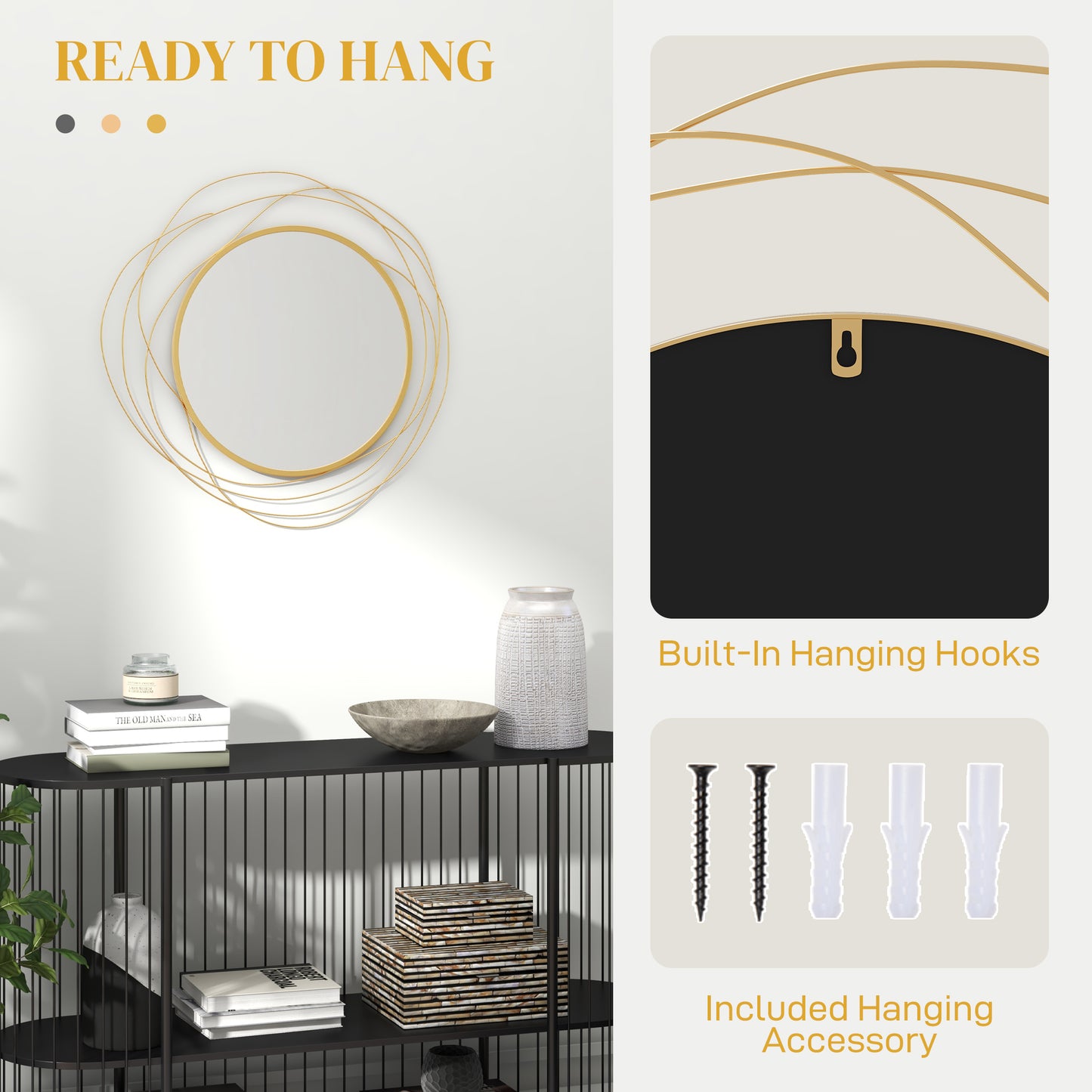 Metal Wall Art 65cm Modern Decorative Mirror Decor for Living Room Bedroom Dining Room, Gold Tone