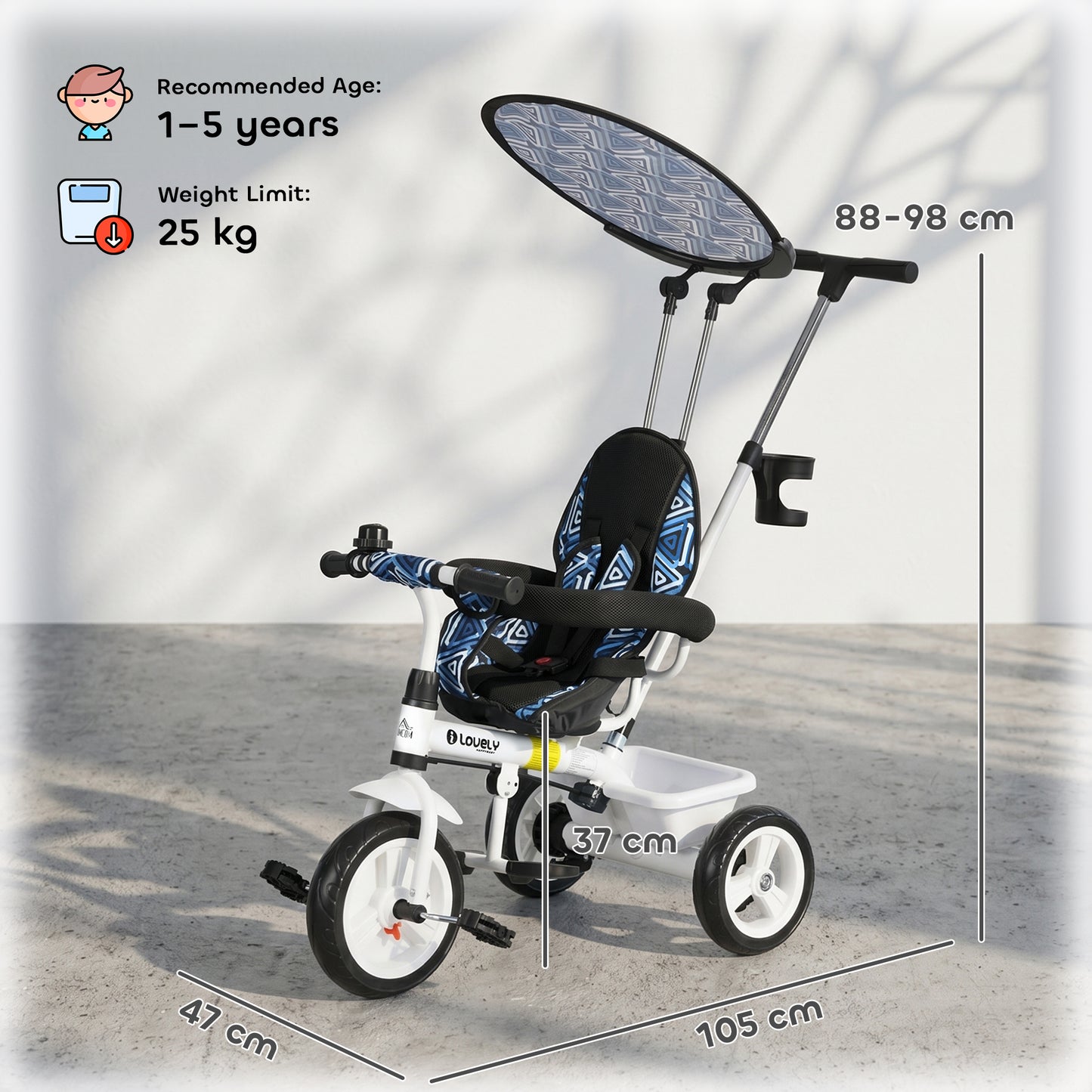 6 in 1 Tricycle for Kids with 5-point harness straps, Removable Canopy, Blue