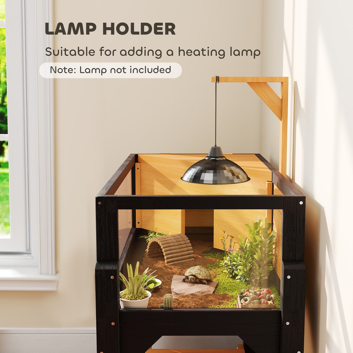 Wooden Tortoise House with Storage Shelf, Clear Observation Windows, Lamp Holder, Openable Top, Built-in Tray, Yellow