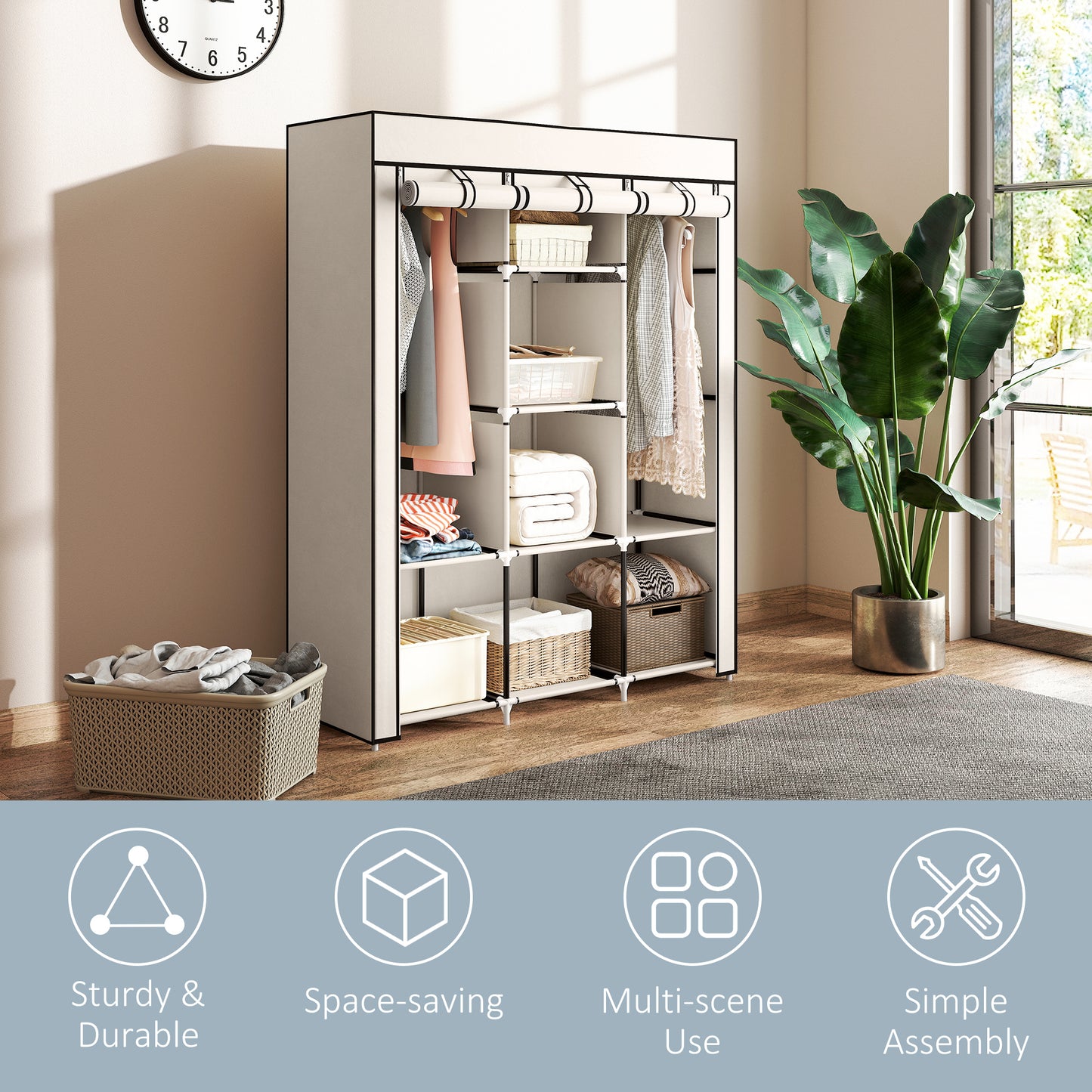 Fabric Wardrobe, with Rails and Shelves - Cream White