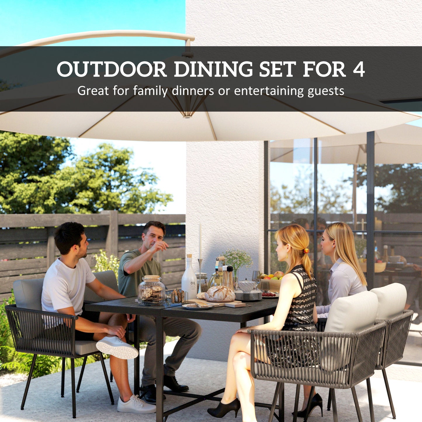 5 Piece Garden Furniture Set, Garden Dining Set with Wood-Plastic Table and 4 Armchairs, Light Grey