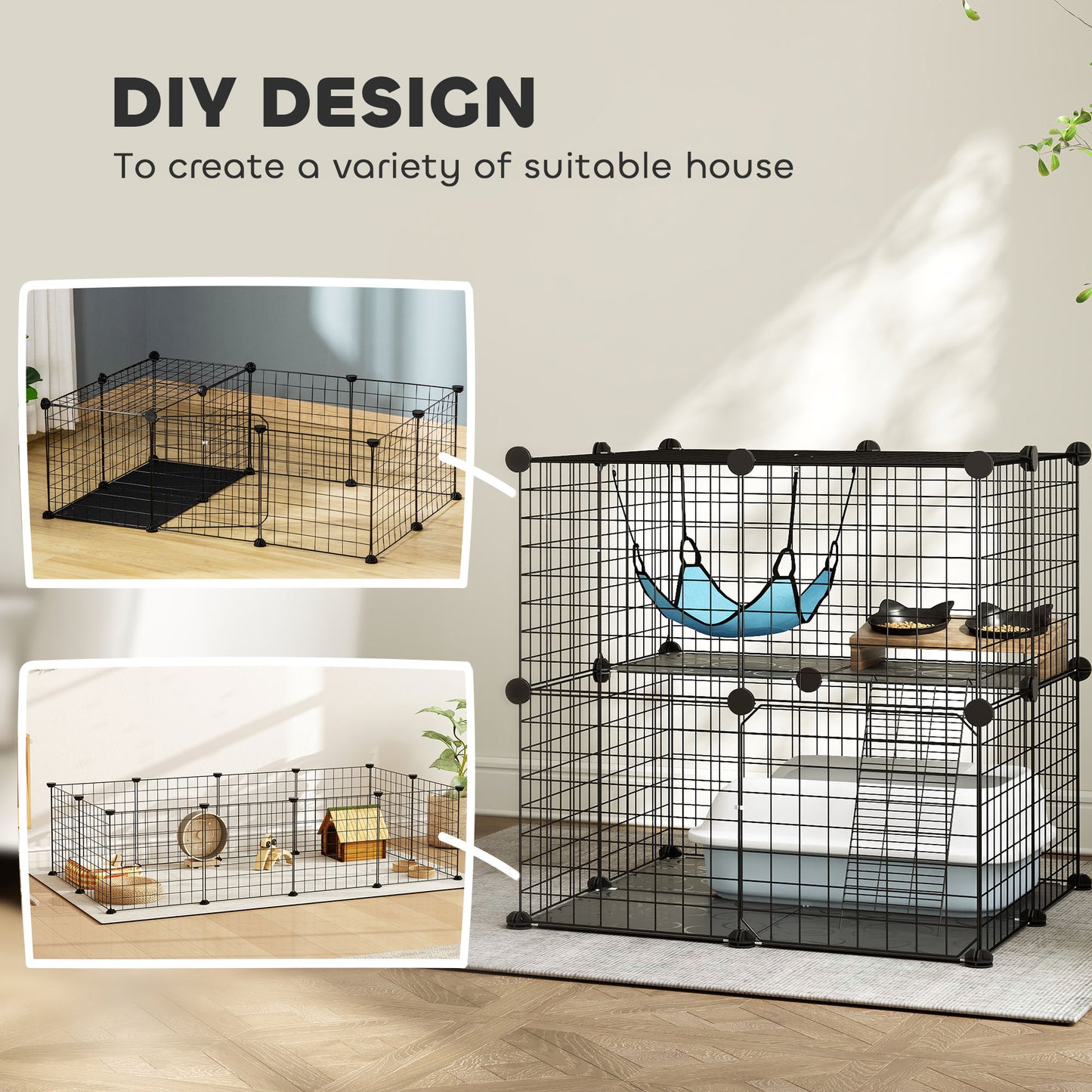 Indoor Cat Cage DIY Customizable 2-Tier Indoor Cat Enclosure with 2 Doors and Hammock 70 cm Black