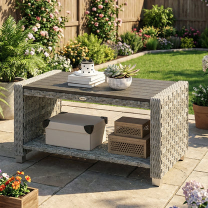 Outdoor Coffee Table with Storage Shelf, PE Rattan Side Table with Slatted Top and Foot Pads, Grey