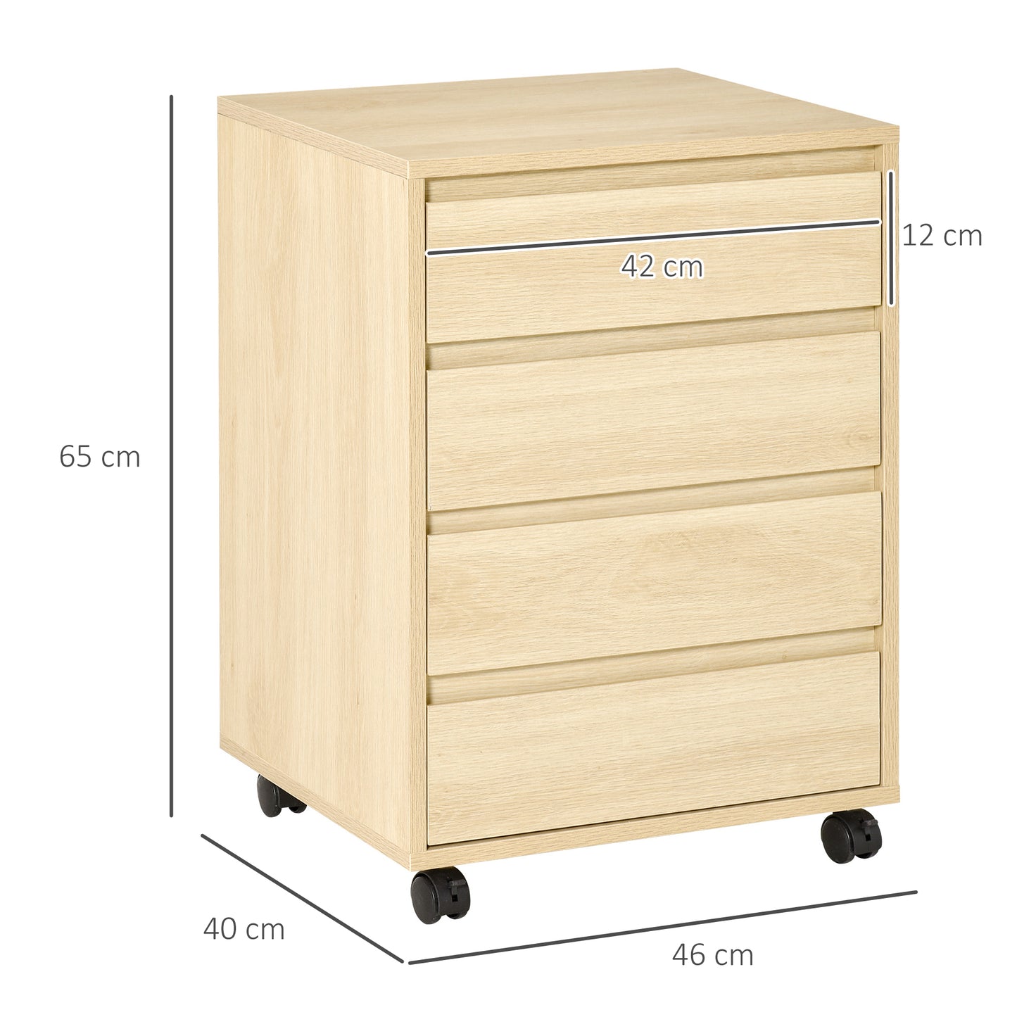 Four-Drawer Office Filing Cabinet, with Wheels - Natural Wood Finish