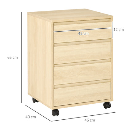 Four-Drawer Office Filing Cabinet, with Wheels - Natural Wood Finish