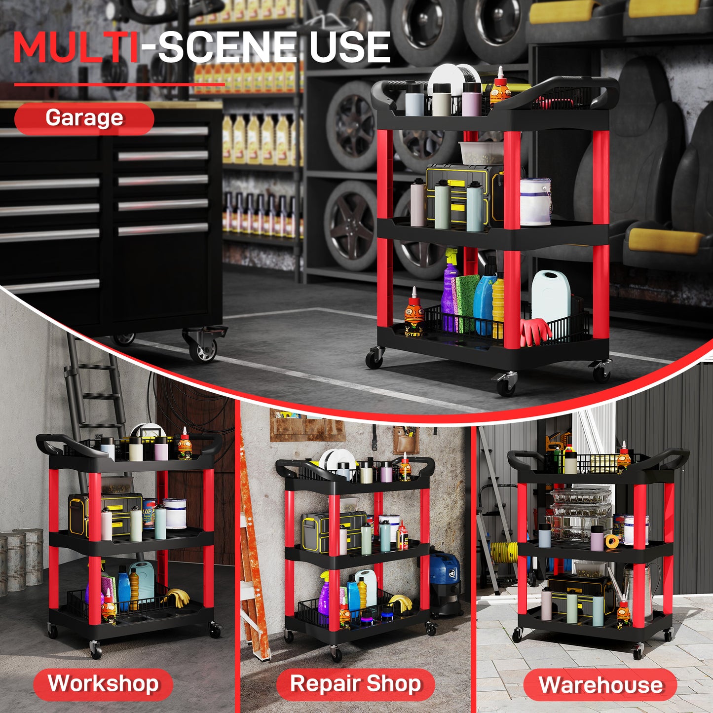 3-Tier Rolling Tool Cart, Tool Trolley on Wheels, Plastic Mobile Service Utility Cart with Handles for Garage