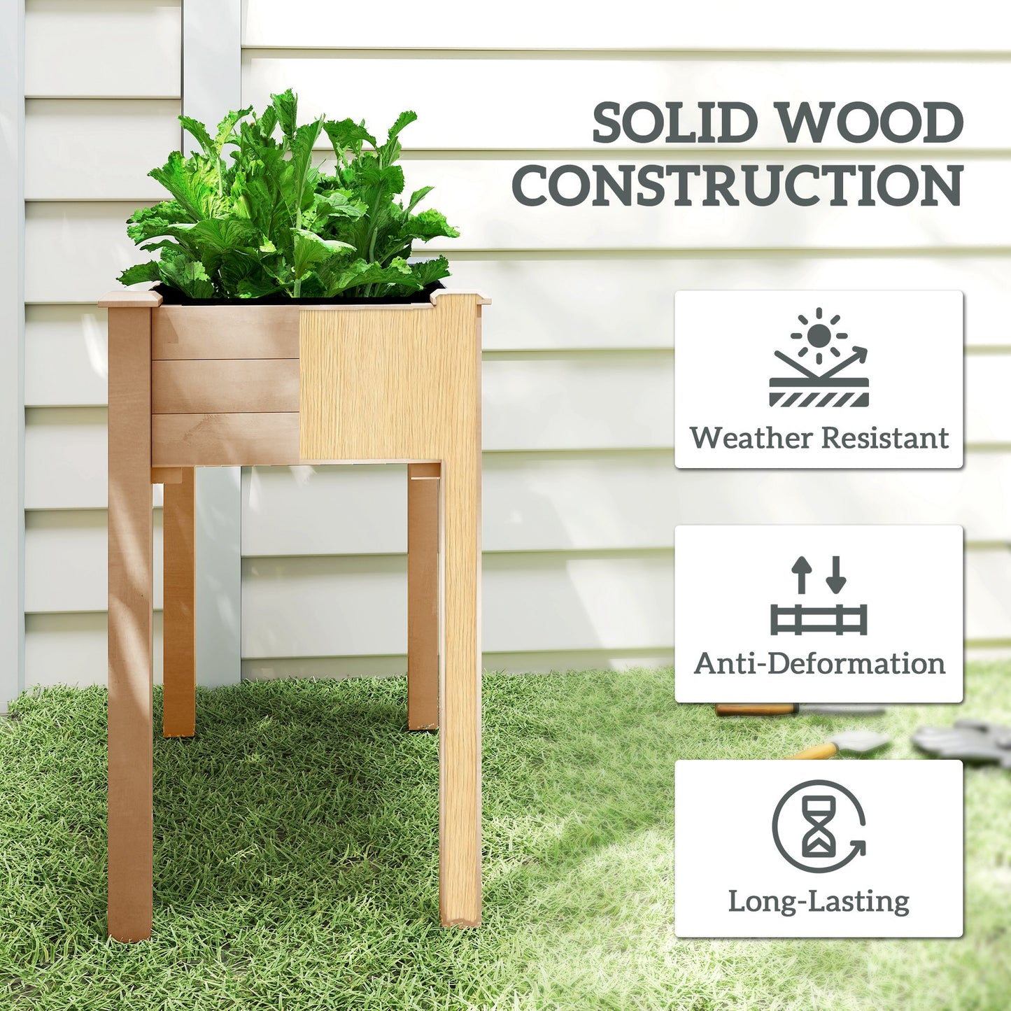 Garden Wooden Planters， Rectangular Raised Bed,Flower Box, Fir Wood Indoor/Outdoor, Oak Tone, 86L x 46W x 76Hcm
