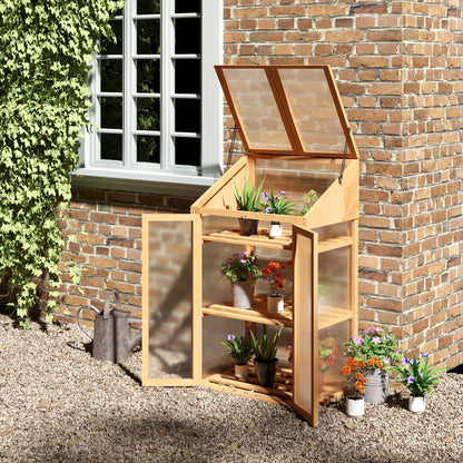 Wooden Cold Frame Polycarbonate Greenhouse with Openable Top Cover and Double Door, Grow House for Flower