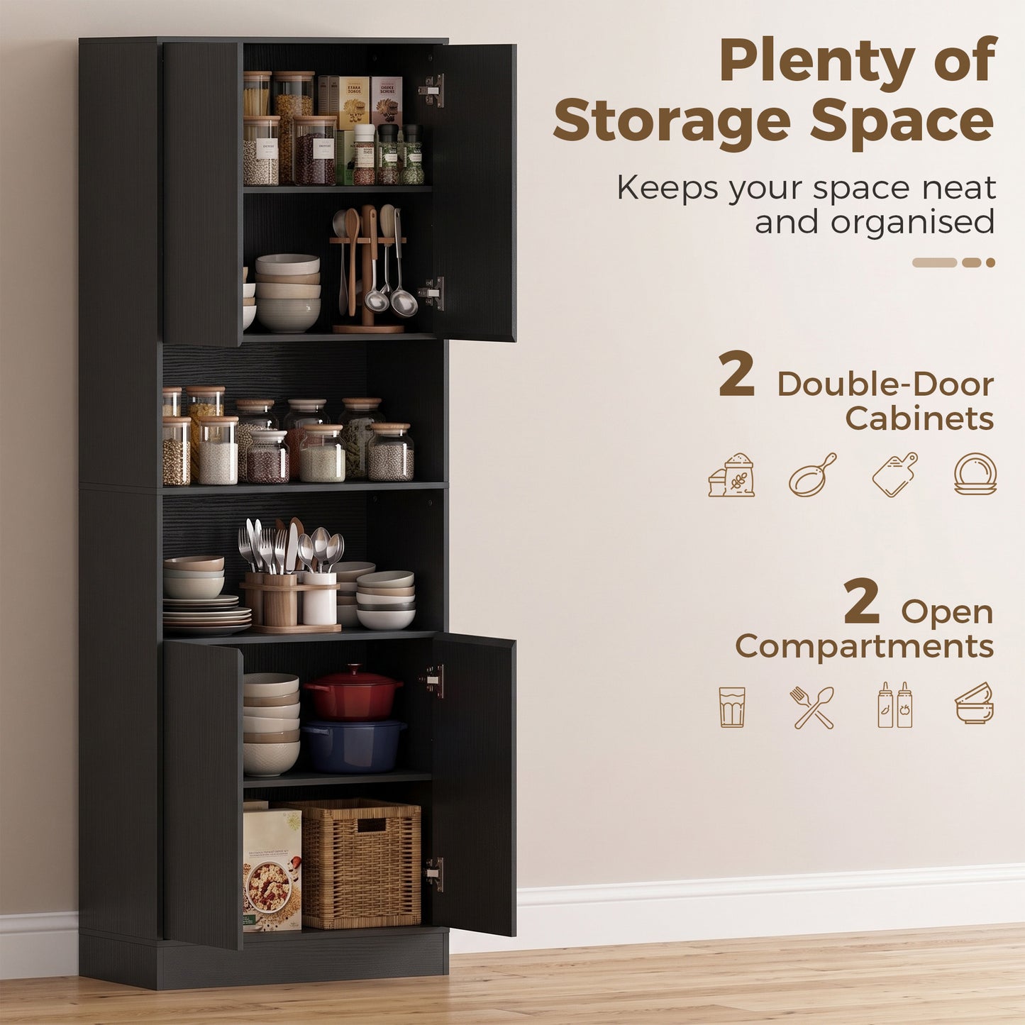 170 cm Kitchen Pantry Cabinet, Freestanding Storage Cabinet with Soft-Close Hinges, Black Wood Effect