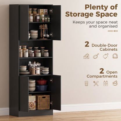 170 cm Kitchen Pantry Cabinet, Freestanding Storage Cabinet with Soft-Close Hinges, Black Wood Effect