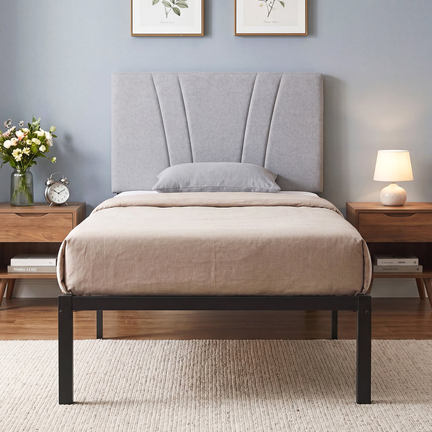 3FT Single Bed Frame with Upholstered Headboard and Underbed Storage, Black and Light Grey