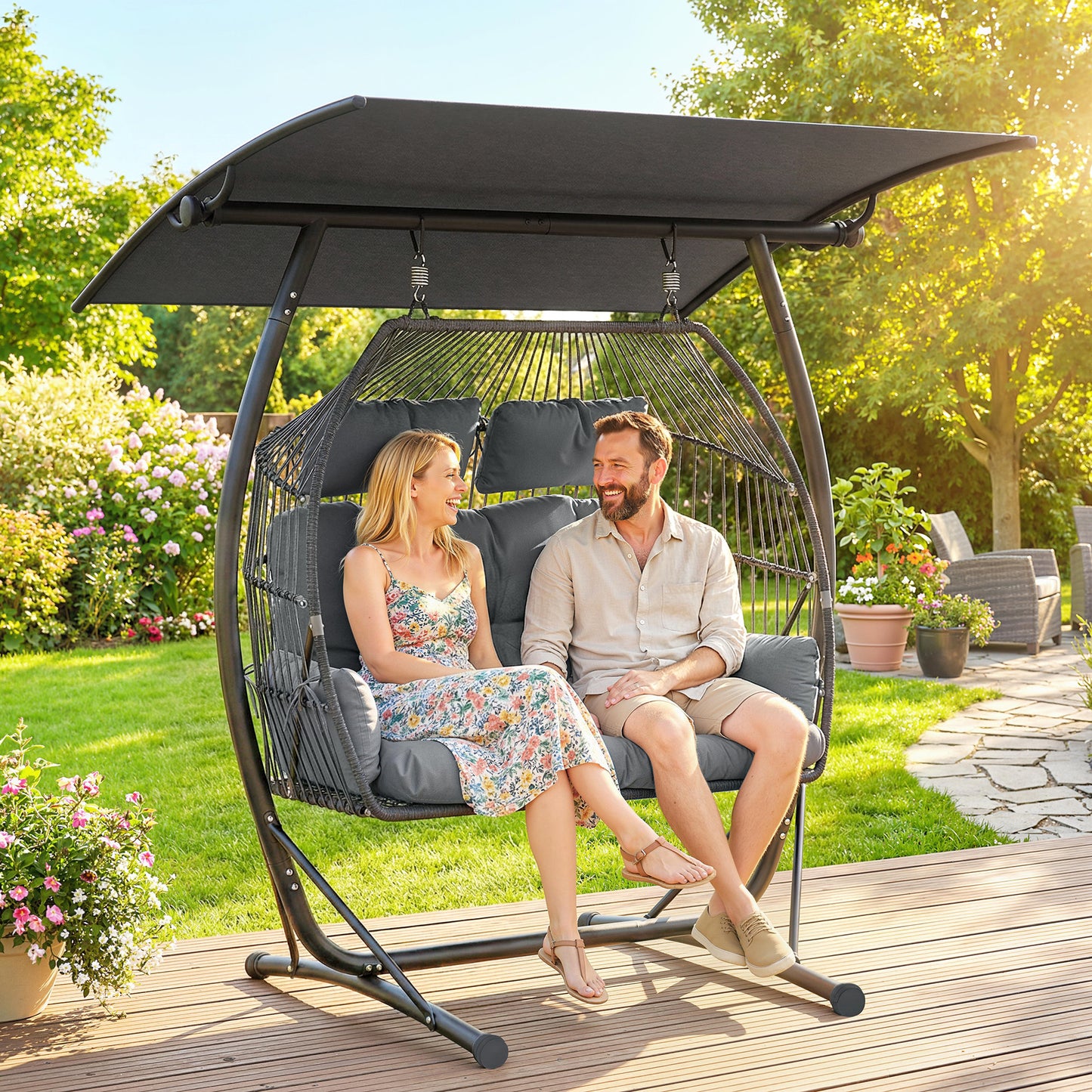 Double Hanging Egg Chair with Canopy, Rattan Garden Egg Swing Chair with Cushion, Stand for Indoor Outdoor, Dark Grey
