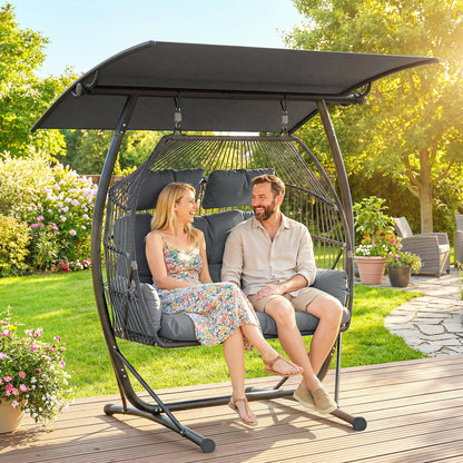 Double Hanging Egg Chair with Canopy, Rattan Garden Egg Swing Chair with Cushion, Stand for Indoor Outdoor, Dark Grey