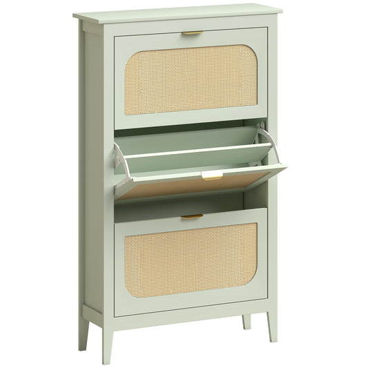 Narrow Shoe Cabinet, Boho Slim Shoe Storage Cabinet with 3 Flip Drawers, Holds 21 Pairs, Light Green