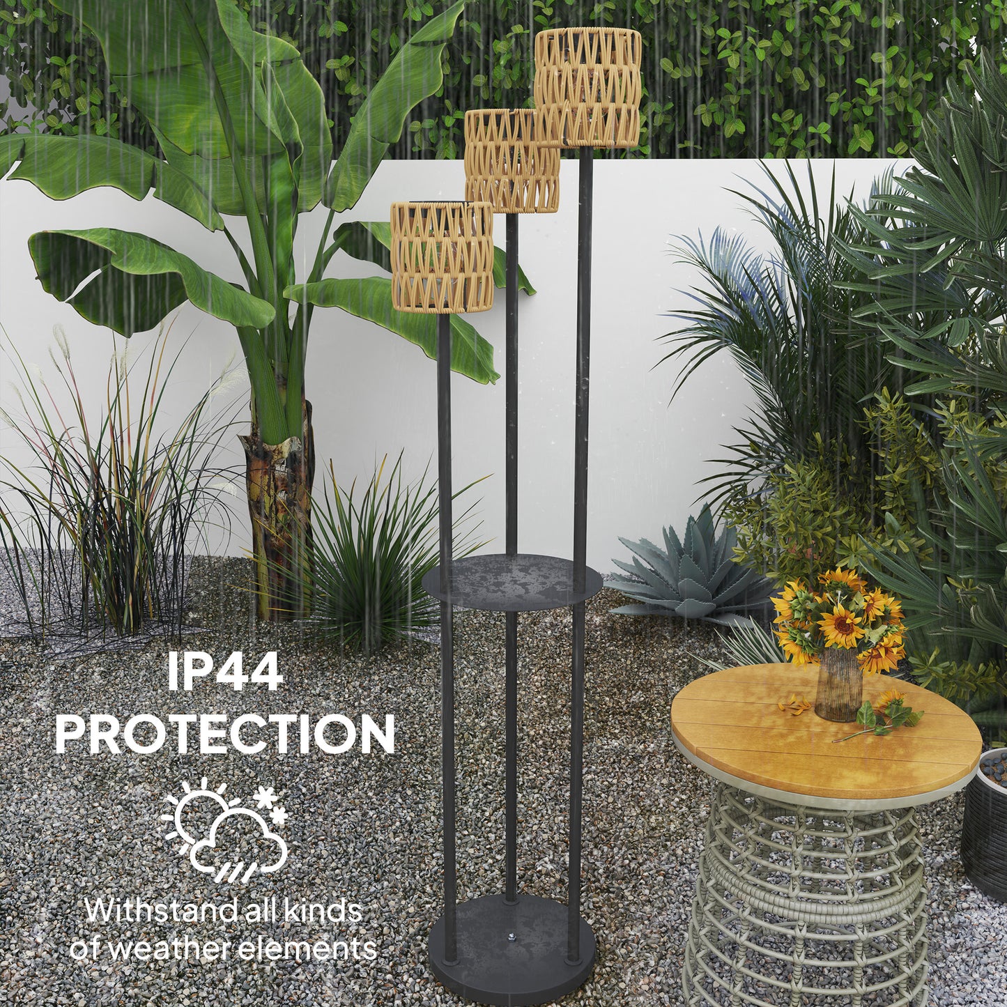 Boho Rattan Floor Lamp, 3-Lights Rattan Lamp with Shelf, Freestanding Solar Garden Light with Auto On/Off Lights
