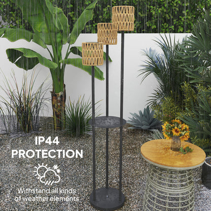 Boho Rattan Floor Lamp, 3-Lights Rattan Lamp with Shelf, Freestanding Solar Garden Light with Auto On/Off Lights