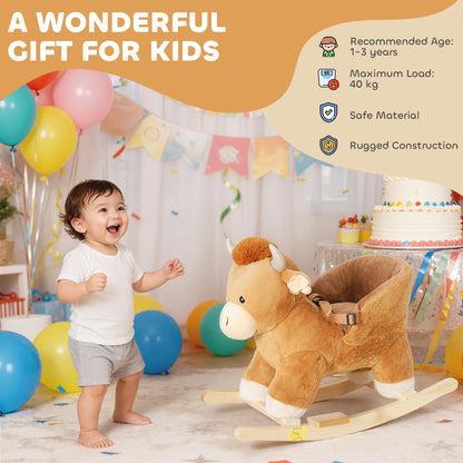 Baby Rocking Horse with Safety Belt, Wood Base, Animal Rocker for Children, Brown