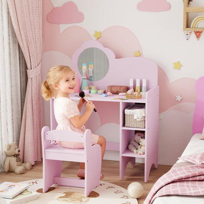 Kids Dressing Table with Mirror, Stool, Kids Vanity Table with Shelves, for Ages 3-8 Years, Purple