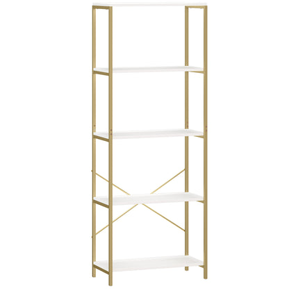 5-Tier Bookshelf, Modern Bookcase with Metal Frame - White and Gold Tone